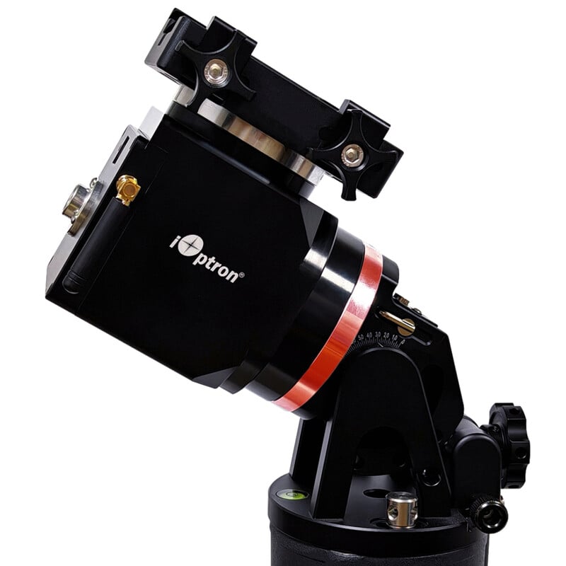 iOptron HAE29C-EC AZ/EQ Montering Dual SWG 1 iOptron HAE29C EC AZ EQ Montering Dual SWG 1 iOptron HAE29C-EC AZ/EQ zijaanzicht van gemonteerde harmonic drive montering met rode accentring