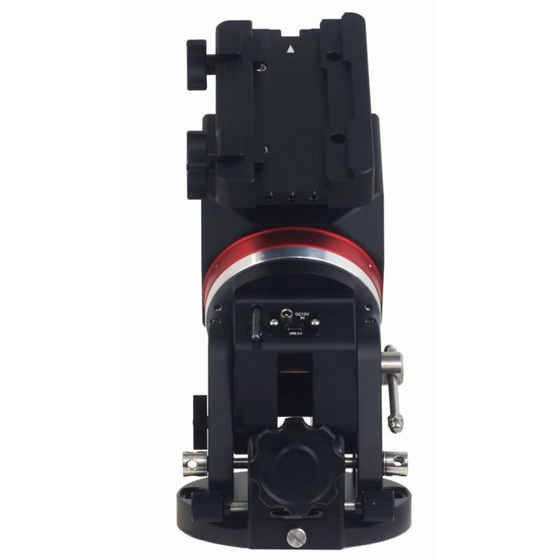 iOptron Newton HAE69EC Strain Wave Montering met iMate en Handset 2 iOptron HAE69EC Montering iMate met Handset 2 iOptron HAE69EC vooraanzicht met centrale bevestigingsbasis en rode encoderlijn gemonteerd op hoofdbehuizing
