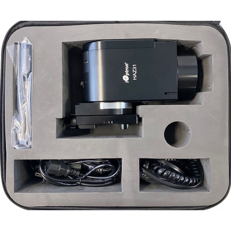 iOptron Newton HAZ31 Strain Wave ALT-AZ Mount 2 iOptron HAZ31 ALT AZ Mount Strain Wave 2 iOptron HAZ31 ALT-AZ contents of transport bag with main unit, cables and hand controller conveniently arranged