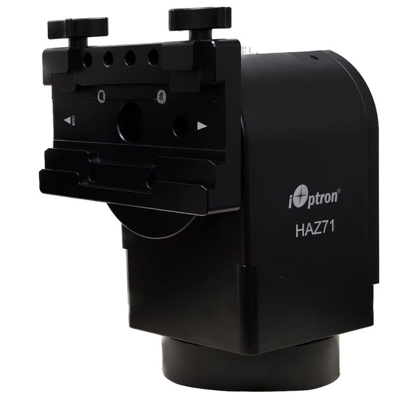 iOptron HAZ71 Alt-AZ Montering Strain Wave 1 iOptron HAZ71 Alt AZ Montering Strain Wave 1 iOptron HAZ71 ALT-AZ vooraanzicht van montering met dubbele Vixen-stijl zwaluwstaartklem en frictierem