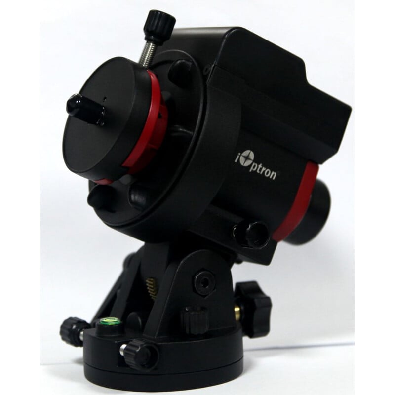 iOptron SkyGuider Pro Montering iPolar Set 1 iOptron SkyGuider Pro Montering iPolar Set 1 iOptron SkyGuider Pro zijkant met rode behuizing, Vixen beugel en contragewicht gemonteerd op statief