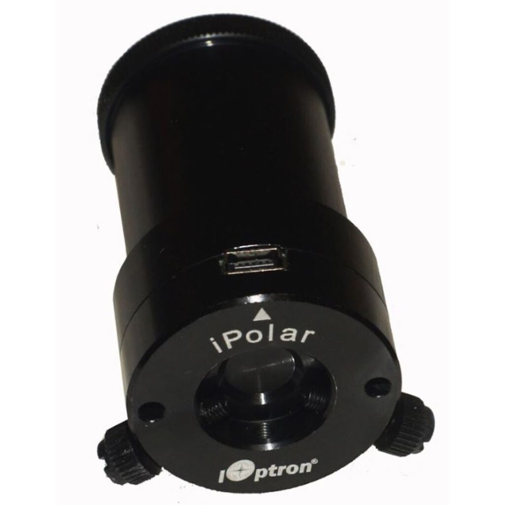 iOptron SkyTracker Pro met iPolar Elektronische Poolzoeker 1 iOptron SkyTracker Pro Elektronische Poolzoeker iPolar 1 iOptron SkyTracker Pro iPolar elektronische poolzoeker met vooraanzicht van lensopening en USB-aansluiting bovenop