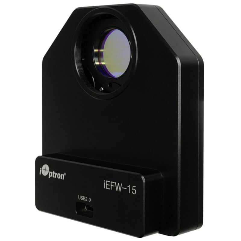 iOptron iEFW Elektronisch Filterwiel 5x 1.25 inch 1 iOptron iEFW Filterwiel 5x 125 1 iOptron iEFW gemotoriseerd filterwiel in zijaanzicht met zichtbaar openingsvenster