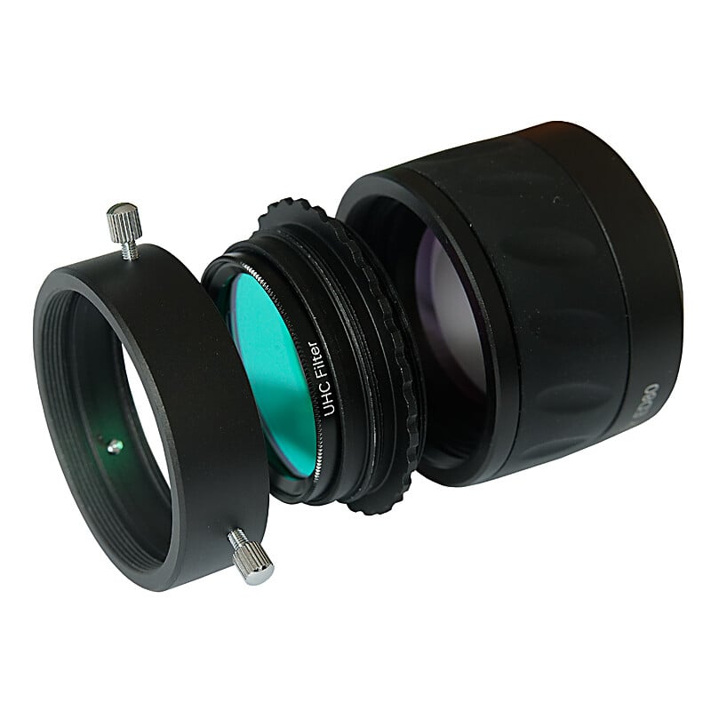 Sky-Watcher Rotational Adapter voor Evostar-72ED 2 Skywatcher 80 100 120 150ED Rotating adapter Evostar 5 Skywatcher 80/100/120/150ED rotatieadapter uit elkaar met reducer/flattener en gemonteerd M48-filter zichtbaar.