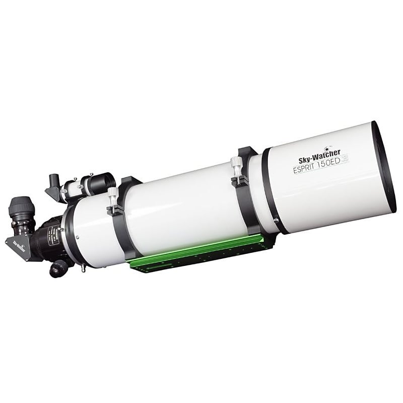 Skywatcher AP 150/1050 ESPRIT-150ED Apochromatische Refractor Professional OTA 2 Skywatcher AP 150 1050 ESPRIT 150ED Apochromatische Refractor Professional OTA 3 Skywatcher AP 150/1050 ESPRIT-150ED OTA diagonaal zijaanzicht met buisringen en groene Losmandy-zwaluwstaartrail.