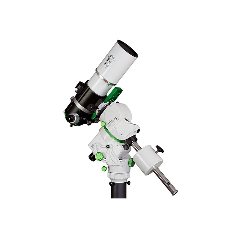 Sky-Watcher Evolux-62ED – 62/400 Apochromatische Refractor (GoTo Set) 2 Skywatcher AP 62 400 Evolux 62ED Apochromatische Refractor Adventurer GTi Wi Fi GoTo SET 3 Skywatcher AP 62/400 Evolux-62ED OTA achteraanzicht met groene focuser, ringklem en Vixen-zwaluwstaart.