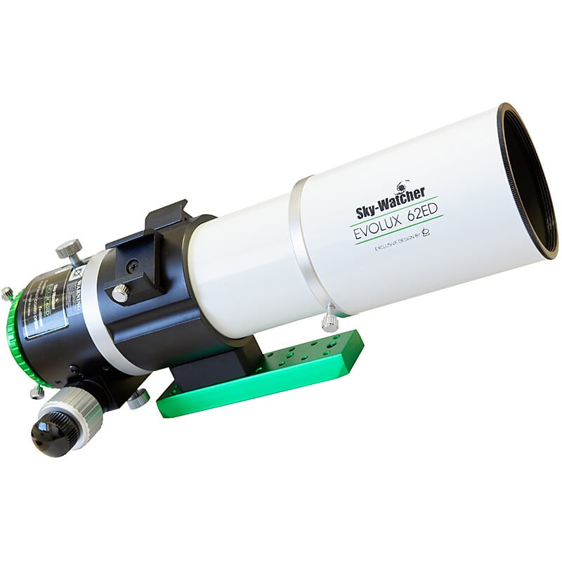Sky-Watcher Evolux-62ED APO Refractor (OTA) 2 Skywatcher AP 62 400 Evolux 62ED Apochromatic Refractor OTA 5 Skywatcher AP 62/400 Evolux-62ED angled OTA with dew cap retracted and aluminum tube on green mounting plate.