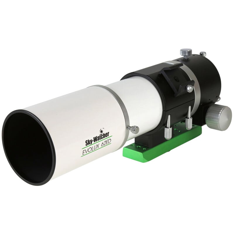 Sky-Watcher Evolux-62ED APO Refractor (OTA) 1 Skywatcher AP 62 400 Evolux 62ED Apochromatic Refractor OTA 9 Skywatcher AP 62/400 Evolux-62ED apochromatic refractor side view with dew cap extended and green dovetail.