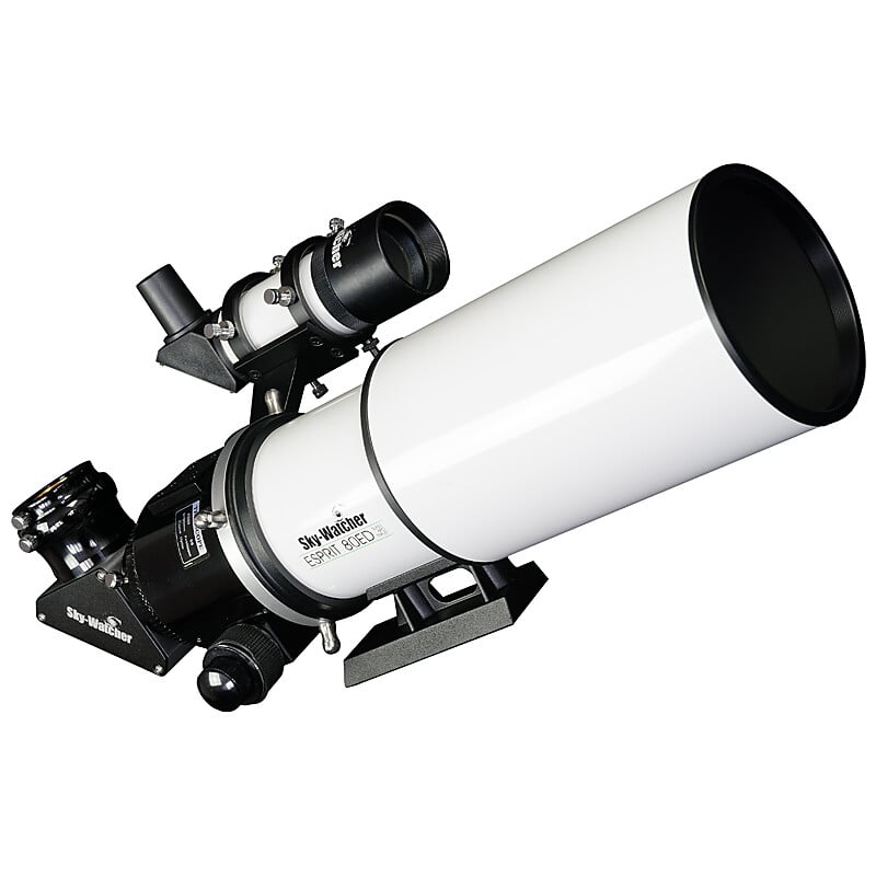 Skywatcher AP 80/400 ESPRIT-80ED Apochromatic Refractor Professional OTA 2 Skywatcher AP 80 400 ESPRIT 80ED Apochromatic Refractor Professional OTA 4 Skywatcher AP 80/400 ESPRIT-80ED OTA side view with 9x50 angle viewfinder, 2-inch zenith mirror and Vixen swallowtail.