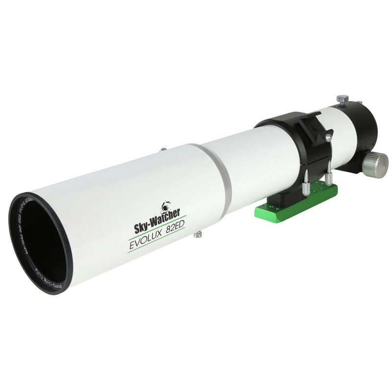 Sky-Watcher Evolux-82ED - 82/530 Apochromatic Refractor (OTA) 1 Skywatcher AP 82 530 Evolux 82ED Apochromatic Refractor 11 Skywatcher AP 82/530 Evolux-82ED apochromatic refractor side view with dew cap extended and green dovetail.