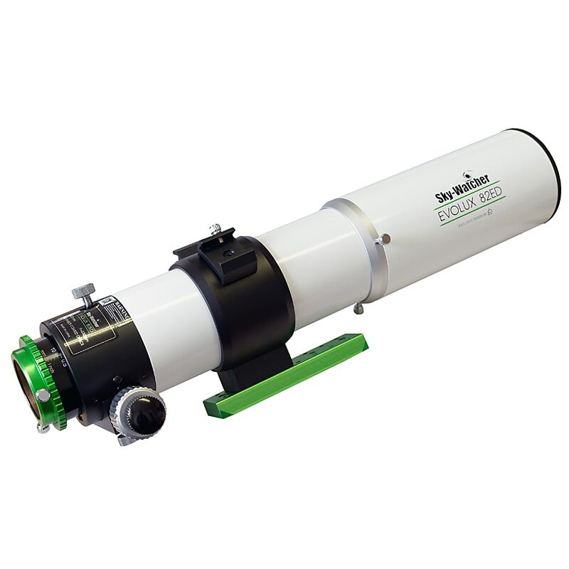 Sky-Watcher Evolux-82ED - 82/530 Apochromatic Refractor (OTA) 2 Skywatcher AP 82 530 Evolux 82ED Apochromatic Refractor 17 Skywatcher AP 82/530 Evolux-82ED OTA diagonal side view with tube rings and 2.4-inch focuser.