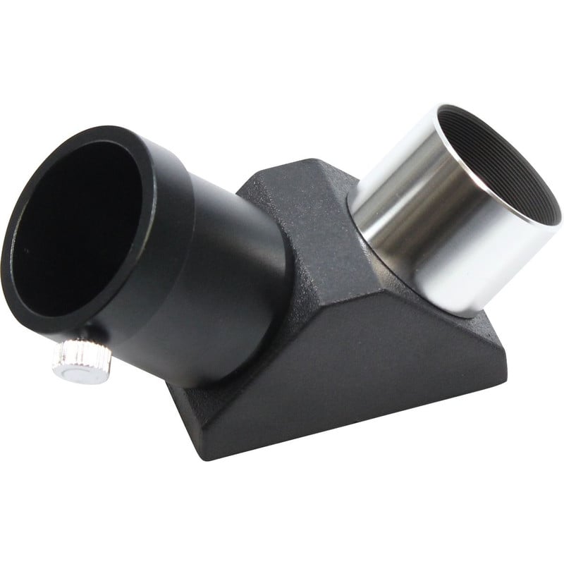 Sky-Watcher 1.25" Omkeerprisma – 90 Graden (Erecting Prism) 1 Skywatcher Amici prisma 90° 125 Skywatcher Amici-prisma 90° 1,25 inch diagonaal in zwart-zilveren behuizing zijaanzicht met oculairhouder en insteekvatting.