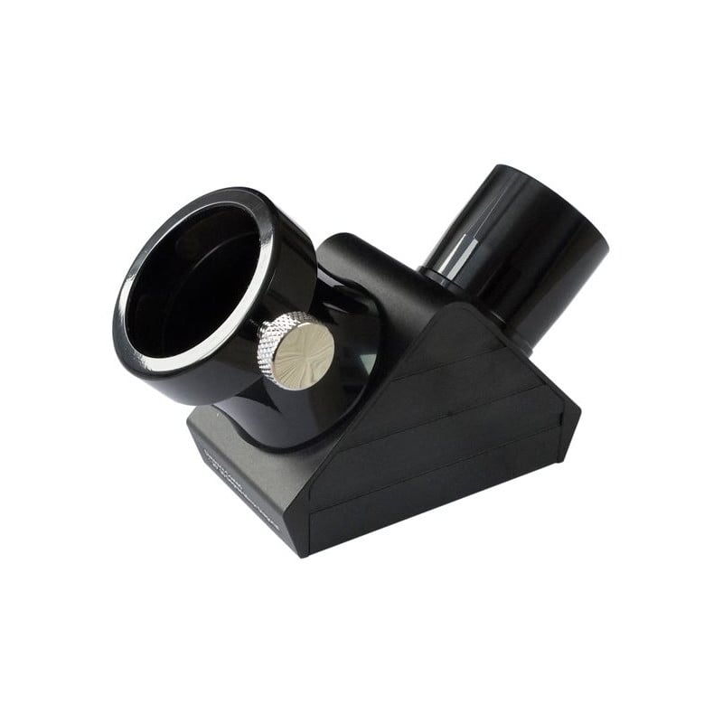 Sky-Watcher 1.25" Deluxe Dielectric Zenitspiegel (99% Reflectiviteit) 1 Skywatcher Deluxe 90° 125 Zenitspiegel Skywatcher Deluxe 90° 1,25 inch dielectrische zenitspiegel diagonaal in zwart-zilveren behuizing zijaanzicht met oculairhouder en insteekvatting.