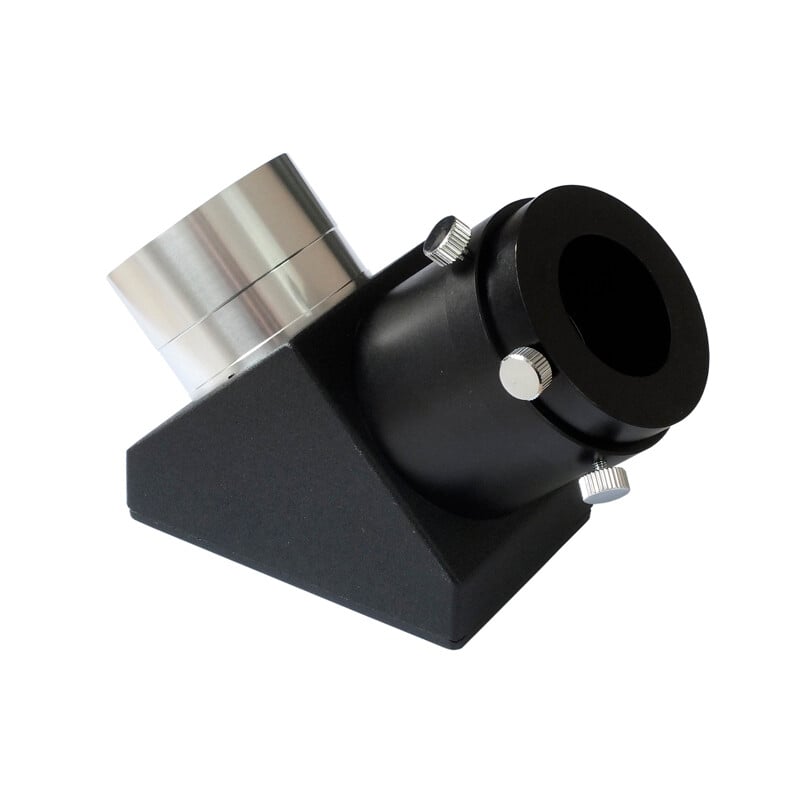Sky-Watcher 2" Zenitspiegel (90 graden) 1 Skywatcher Diagonaal spiegel 90° 2 Skywatcher Diagonaal spiegel 90° 2 inch diagonaal in zwart-zilveren behuizing met 2 naar 1,25 inch adapter en klemschroeven zijaanzicht.