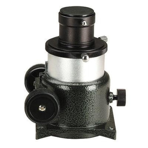 Sky-Watcher Focuser (1,25 inch en 2 inch) 1 Skywatcher Focuser 125 en 2 Skywatcher Focuser close-up van zwarte tandheugelfocuser met dubbele focuseerknoppen en 1,25 en 2 inch adapters op montageplaat.
