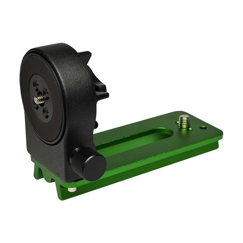 Sky-Watcher L-Bracket Dovetail Star Adventurer 1 Skywatcher L-shaped Star Adventurer dovetail clamp 2 Skywatcher L-shaped Star Adventurer dovetail clamp with green L-plate and black rotary head in side view on white background.