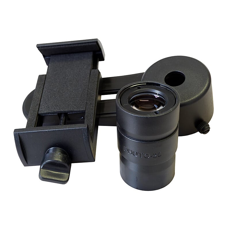 Sky-Watcher SmartPhoto+ Smartphone Adapter – Inclusief 20mm Foto-Oculair 1 Skywatcher Smartphoto 3 Skywatchers Smartphoto smartphone-adapter met gemonteerde oculairklem en smartphonehouder in bovenaanzicht.