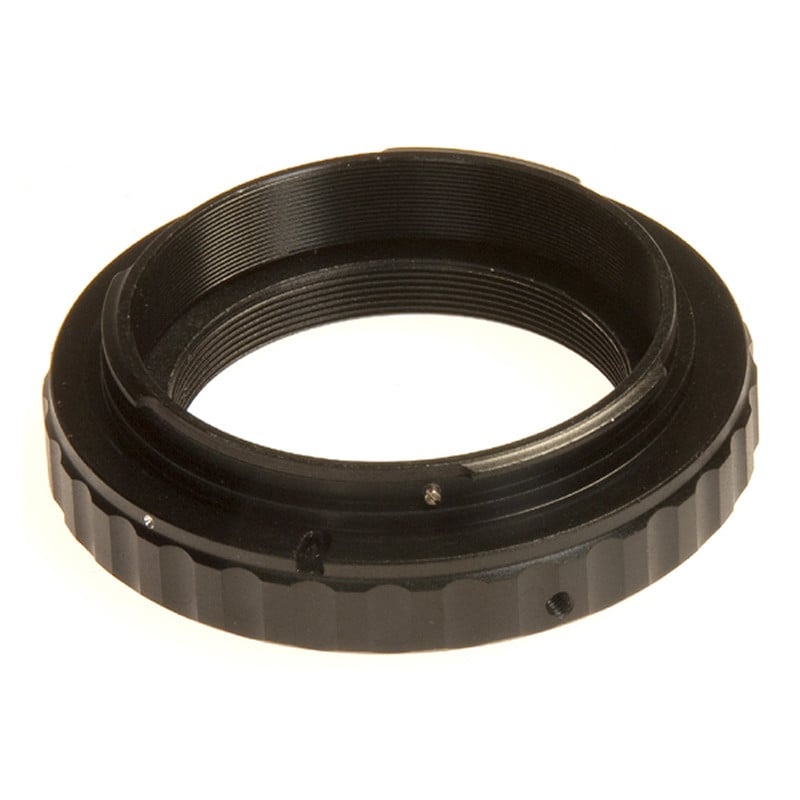 Sky-Watcher T2 Ring for Canon EOS DSLR Cameras 1 Skywatcher T2 ring Camera adapter compatible with Canon EOS Skywatcher T2 ring black aluminum T2 camera adapter ring compatible with Canon EOS bayonet on light background.