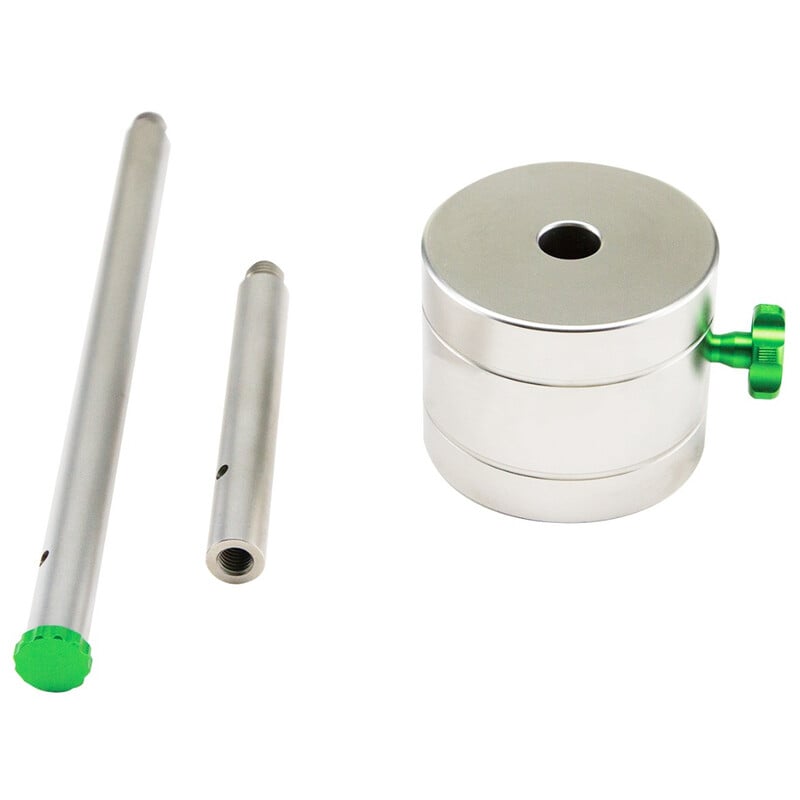 Sky-Watcher WAVE Contragewicht Kit – Voor WAVE 100i & 150i 1 Skywatcher Tegengewicht WAVE 5 kg Skywatcher 5 kg roestvrijstalen tegengewicht WAVE set met ronde gewichtsschijf, contragewichtstang en verlengstuk met groene klemschroef.