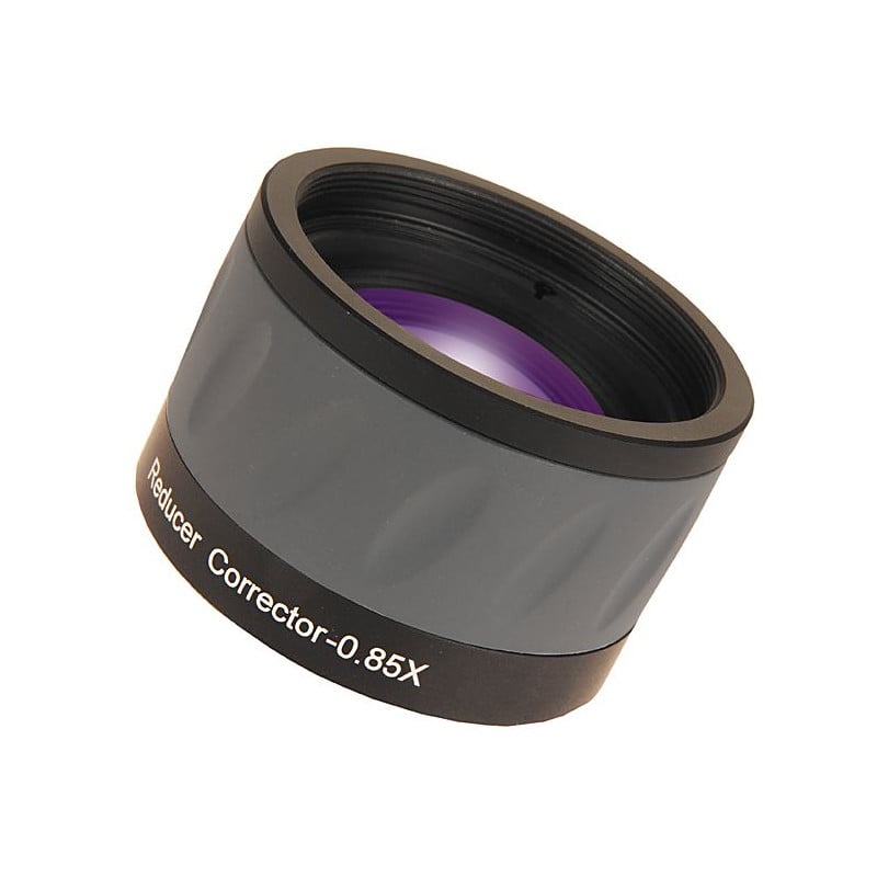 Sky-Watcher 0.85x Focal Reducer & Field Flattener voor Evostar-150ED DS PRO 1 Skywatchers 0.85x 150 ED Flattener EvoStar 2 Skywatchers 0.85x 150 ED reducer flattener zwarte cilindervormige correctorlens met paars gecoate lens en M48-schroefdraad.