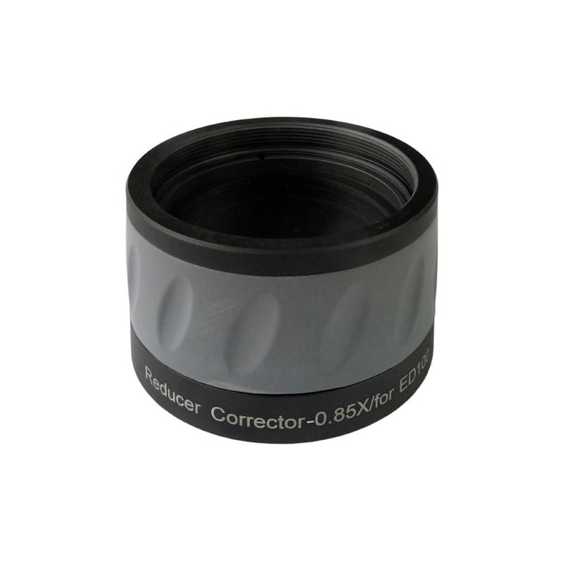 Sky-Watcher 0.92x Reducer & Field Flattener for Evostar-100EDX 1 Skywatchers Evostar 100ED DS PRO 085x for Focal Point Reducer Corrector Skywatchers Evostar-100ED reducer corrector 0.85x cylindrical gray-black flattener with M48 thread and engraved text.