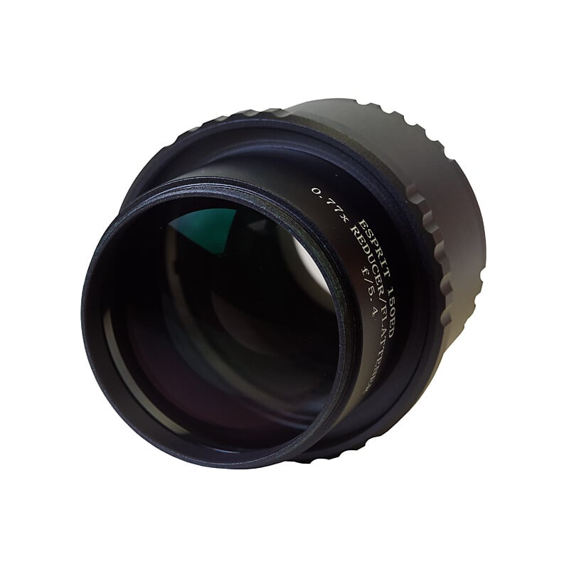 Sky-Watcher 0.77x Focal Reducer & Field Flattener voor Esprit-150ED 2 Skywatchers Flattener 150 077x Esprit 1 Skywatchers Flattener 150 vooraanzicht van de grote lensopening met groene markeerring en FMC-gecoate optiek.