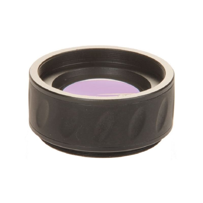 Sky-Watcher M48 Field Flattener voor Esprit-80ED Triplet Super APO 2 Skywatchers M48 Esprit 80ED Flattener 1 Skywatchers M48 Esprit-80ED flattener zijaanzicht van compacte adapter met paars gecoate lens in donkere behuizing.