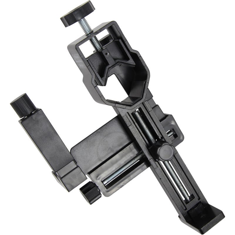 Omegon Smartphone en Camera Houder – 1,25" 2 Omegon 1 25 houder voor smartphones en cameras Omegon 1,25'' houder bovenaanzicht met verstelrails voor positionering op oculair en apparaatklem