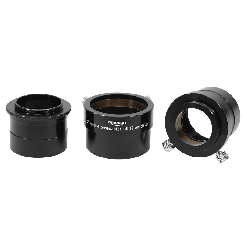 Omegon Projectieadapter 2 inch met T2-aansluiting 1 Omegon 2 projectieadapter met T2 aansluiting 1 Omegon 2'' Projectieadapter drie losse componenten van de adapterset naast elkaar met zicht op binnenwerk.