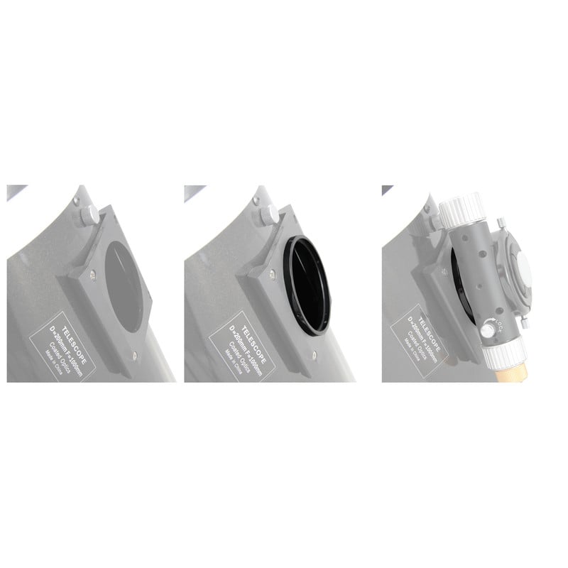 Omegon Adapterring 5 mm / 80 mm voor 50,8 mm Newton Hybrid Crayford Focuser 1 Omegon Adapterring 5mm 80mm voor 2 Newton Hybrid Crayford focuser Omegon Adapterring illustratie van toepassing met voor en na montage van focuser