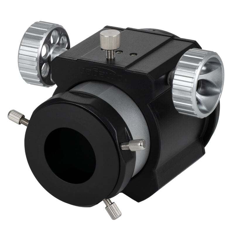 Omegon Alpha Crayford Focuser 2" – Newton 1 Omegon Alpha Crayford 2 focuser voor Newton telescopen 1 Omegon Alpha Crayford-focuser 2 inch achteraanzicht met oculairadapter en draaiknoppen aan beide zijden