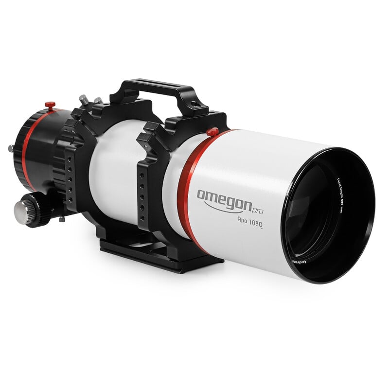 Omegon Pro 108/600 Apochromatic Refractor Quintuplet OTA 1 Omegon Apochromatic Refractor Pro APO AP 108 600 Quintuplet OTA 7 Omegon Refractor Pro APO AP 108/600 side view with white aluminum tube and large gear focuser
