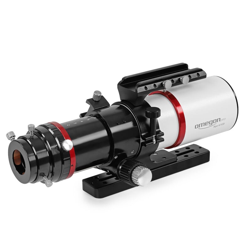 Omegon Pro 61/360 APO Triplet Refractor + 0.75x Reducer 1 Omegon Apochromatic Refractor Pro APO AP 61 360 Triplet ED OTA Pro Reducer 0 75x 4 Omegon Refractor Pro APO AP 61/360 Triplet front view with multicoated objective lens and metal tube