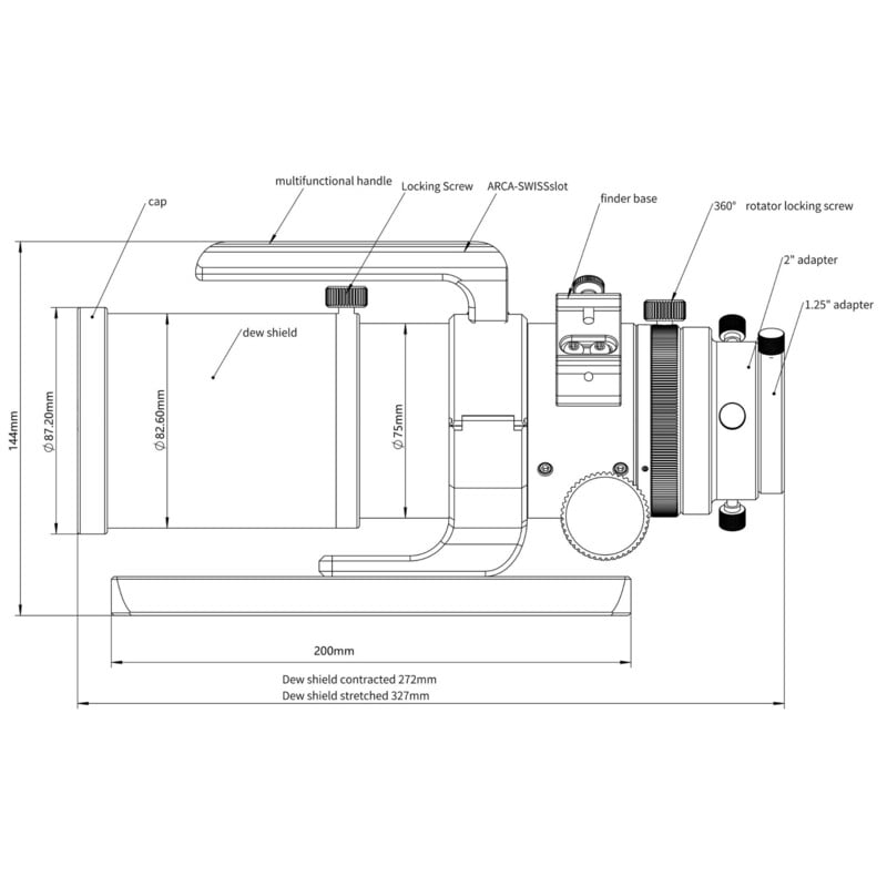 Omegon Pro 61/360 APO Triplet Refractor OTA 2 Omegon Apochromatic Refractor Pro APO AP 61 360 Triplet ED OTA Omegon Pro APO AP 61/360 Triplet technical schematic side view with length dimensions and connection details