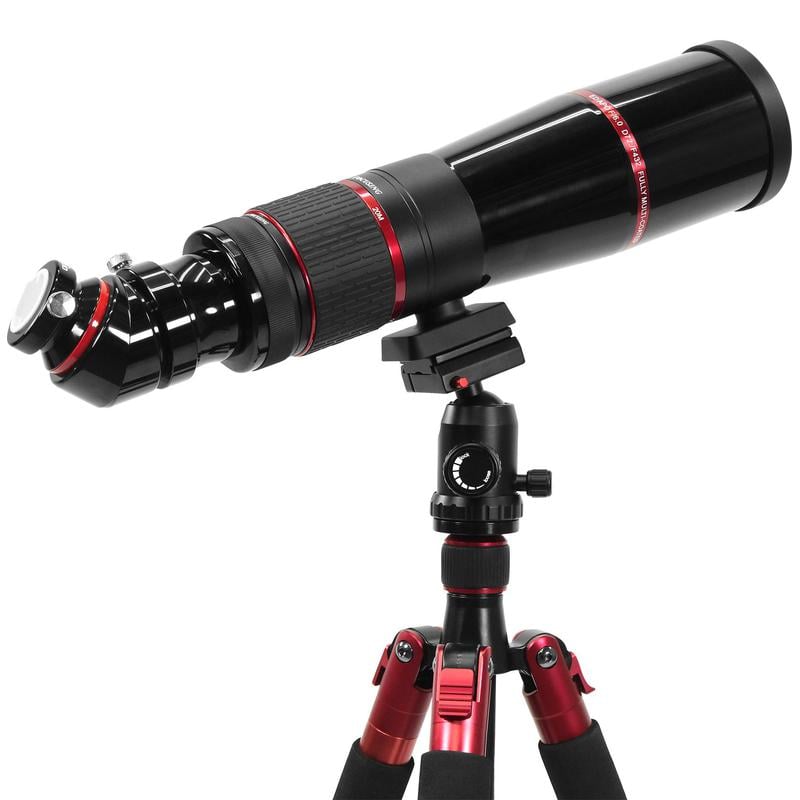 Omegon Pro 72/432 APO Refractor Photography Scope OTA 1 Omegon Apochromatische refractor Pro APO AP Photography Scope 72 432 ED OTA 6 Omegon Photography Scope 72/432 Apochromatische observatie in actie met vogelobjectief in groene bosrijke omgeving