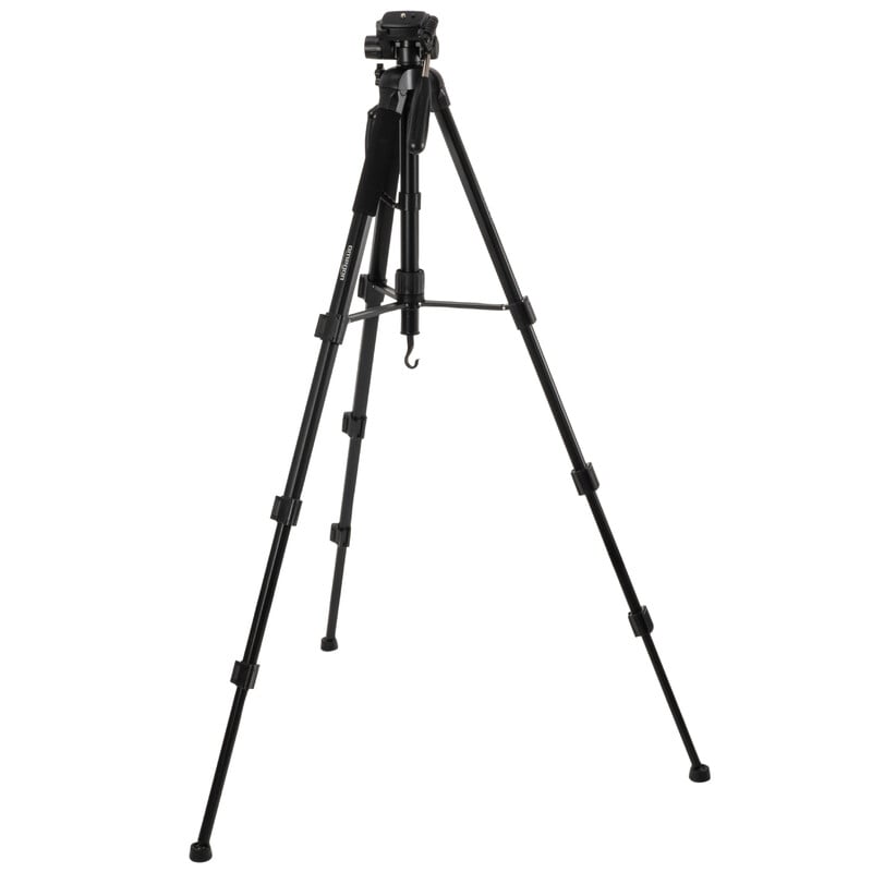 Omegon Basic 200 BL Driepootstatief met Kantelkop 2 Omegon Basic 200 BL aluminium driepootstatief met kantelkop 3 Omegon Basic 200 BL statief detail van centrale haak en poten met rubberen voetstukken