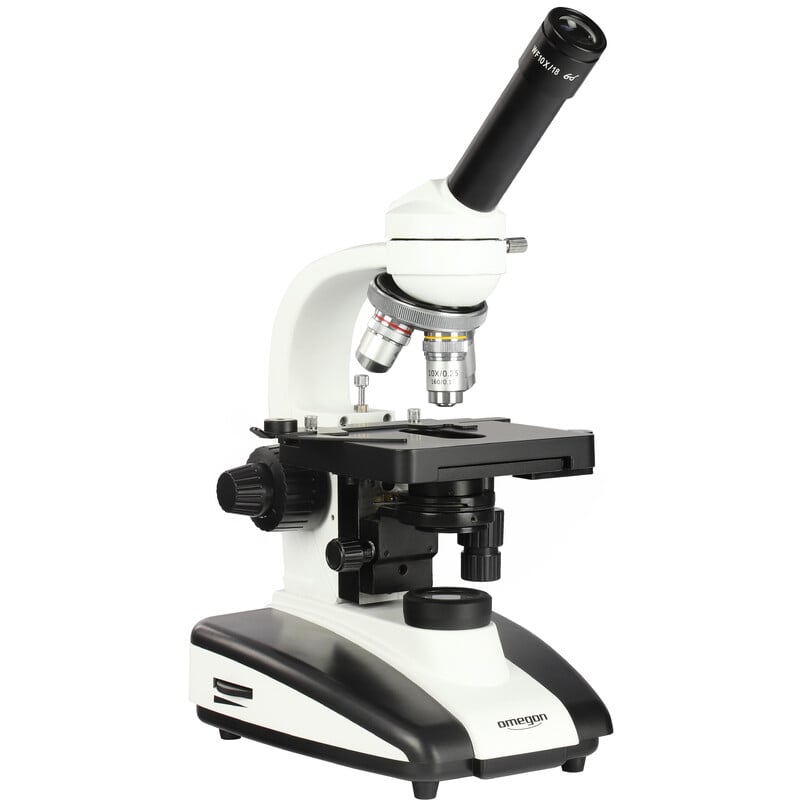 Omegon BioMon Microscope, 40x-1000x, Led 1 Omegon BioMon microscope 40x 1000x led 11 Omegon BioMon Microscope diagonal front view with focus knobs and large cross-table