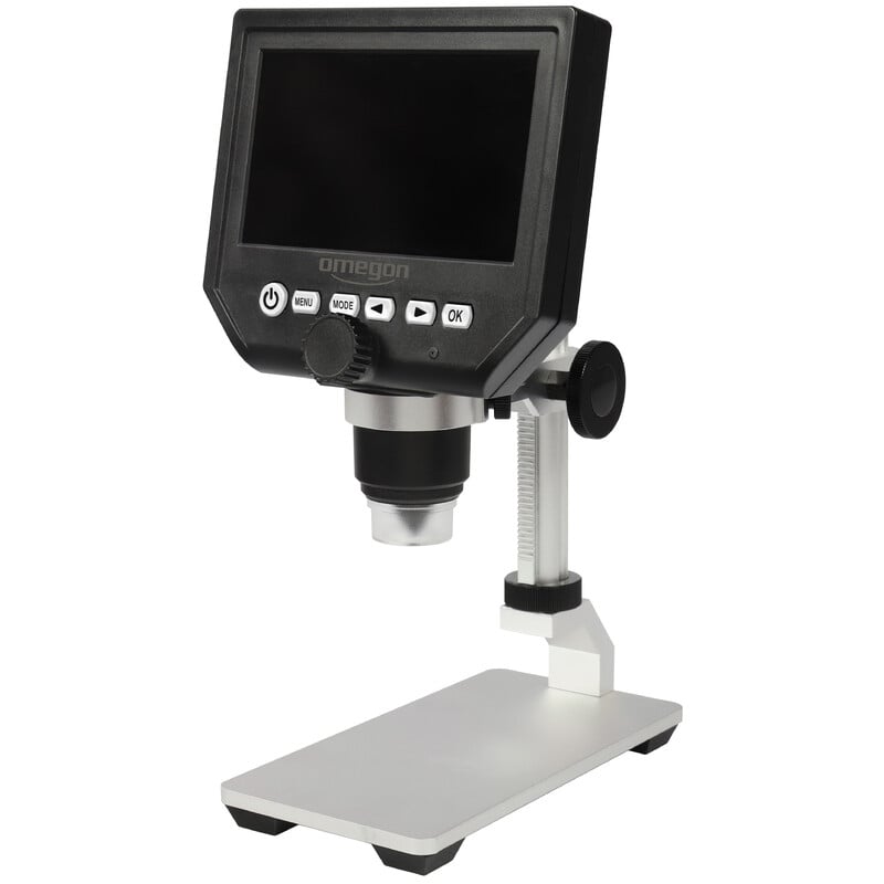 Omegon DigiStar Microscoop, 1x-600x, lcd 10,9 cm (4,3 inch) 1 Omegon DigiStar microscoop 1x 600x lcd 10 9 cm 4 3 inch 6 Omegon DigiStar Microscoop op aluminium statief met scherm in rechte positie