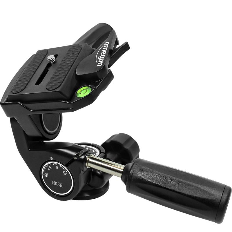 Omegon Pro PD36 Tripod Panorama Head Three-way head 2 Omegon Three-way head Pro PD36 tripod panorama head 1 Omegon PD36 tripod head close-up with quick release plate and locking top view