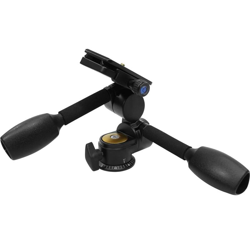 Omegon Pro PD80 Statief Panoramakop Driewegkop 1 Omegon Driewegkop Pro PD80 statief panoramakop 1 Omegon PD80 driewegkop schuin vooraanzicht met horizontale en verticale bedieningshendel