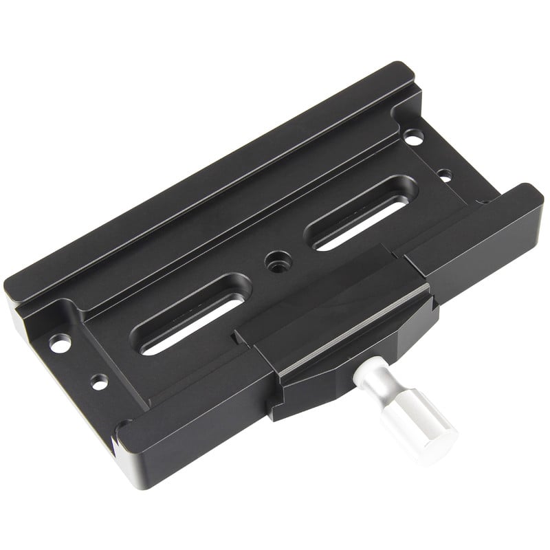 Omegon Dual Clamp (Losmandy- and Vixen-Style) 1 Omegon Dual clamp Losmandy and Vixen Style 1 Omegon Dual clamp zijaanzicht van dubbele railklem met zilverkleurige draaiknop en vlakke klemming