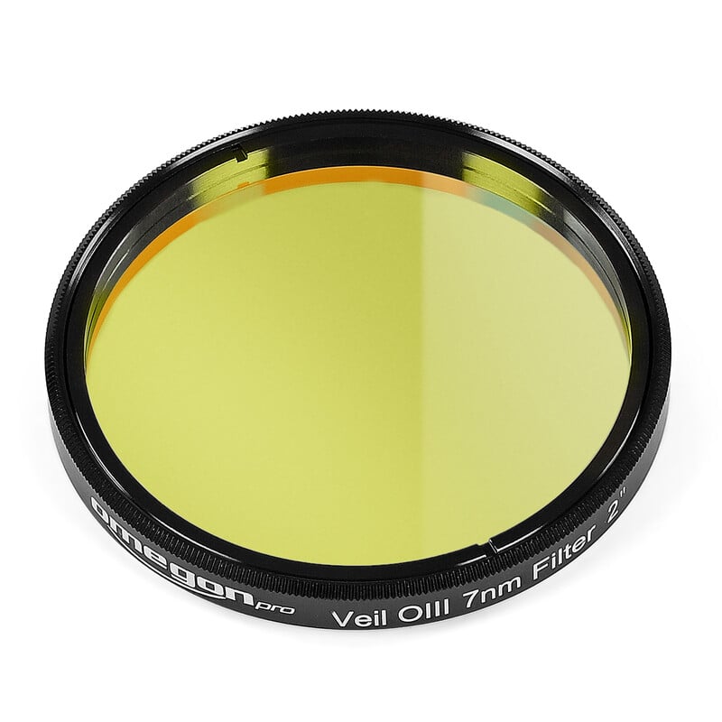 Omegon Pro Veil OIII Filter 7nm (2 inch) 1 Omegon Filters Pro Veil OIII 7nm 2 2 Omegon Pro Veil OIII Filters OIII 7nm filter in 2” aluminium vatting met gele coating
