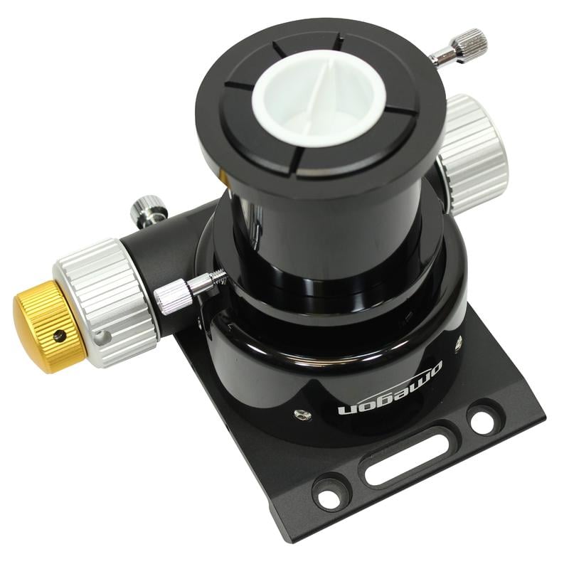 Omegon Hybrid Crayford Focuser Newton Dual Speed 2" 2 Omegon Focuser Newton Hybrid Crayford Dual Speed 2 1 Omegon Hybrid Crayford Focuser 2 inch diagonaal gemonteerd met zicht op bevestigingsplaat en rotatief knopwiel