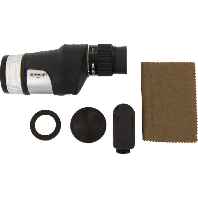 Omegon Handyscope 10-20x30 2 Omegon Handyscope 10 20x30 1 Omegon Handyscope 10-20x30 kit contents with eyepiece caps, cloth and ring adapter