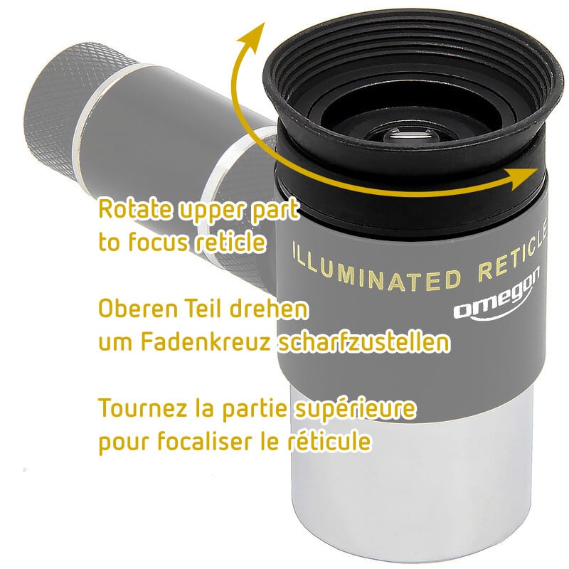Omegon 12mm Verlicht Dradenkruisoculair (1,25 inch) 2 Omegon Kruisdraad oculairs Dradenkruisoculair 12mm verlicht 2 Omegon Kruisdraad oculairs bovenaanzicht met instructie voor focusinstelling van het dradenkruis.
