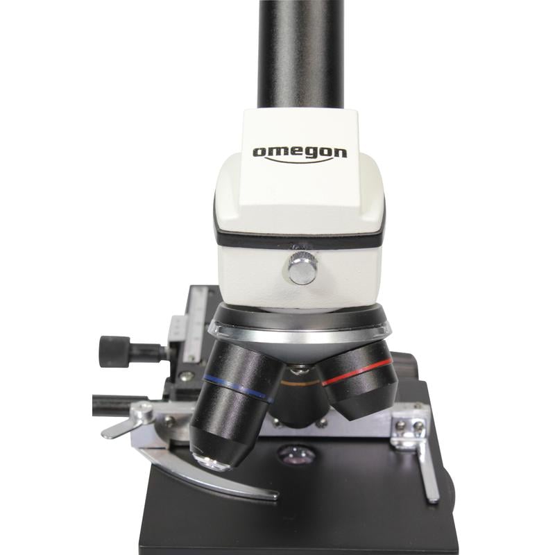 Omegon Microscoop MonoView, MicroStar, Achromat, 1280x, LED 1 Omegon Microscoop MonoView MicroStar achromat 1280x LED 6 Omegon Microscoop MonoView close-up van hoofdmodule met oculairs en objectieven