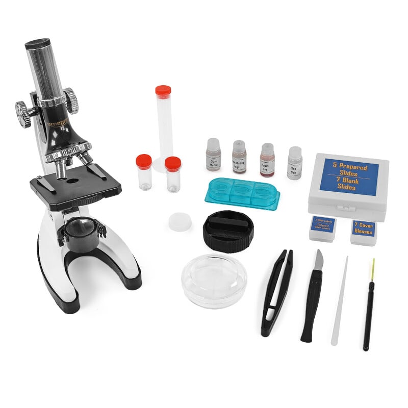 Omegon Microscoop MonoView Microscopieset, 1200x 2 Omegon Microscoop MonoView microscopieset 1200x 1 Omegon Microscoop MonoView microscoop naast accessoires zoals pipet, pincet, petrischaal en glaasjes