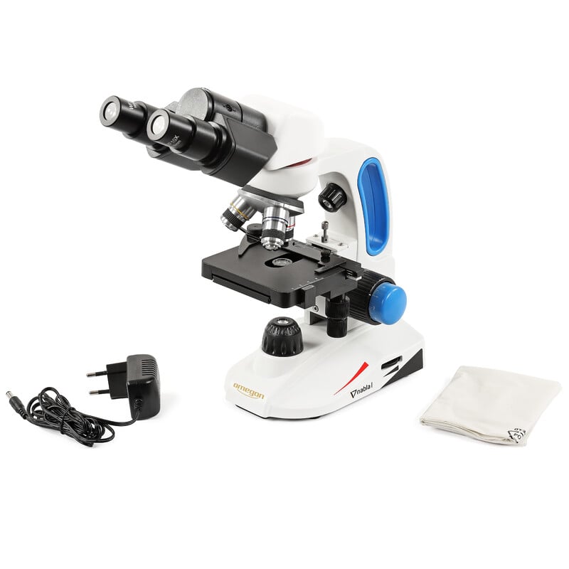 Omegon Microscope Nabla I Bino 2 Omegon Microscope Nabla I Bino Omegon Microscope Nabla I with accessories such as power cord and cleaning cloth shown from top corner