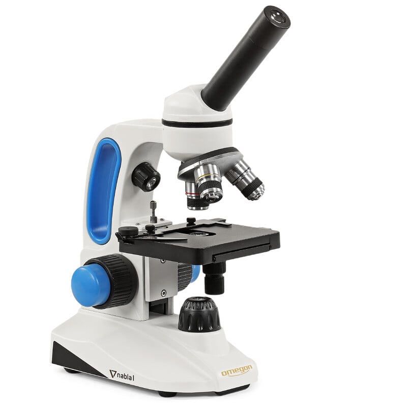 Omegon Microscoop Nabla I Mono 1 Omegon Microscoop Nabla I Mono 2 Omegon Microscoop Nabla I zijaanzicht met volledig zicht op LED-verlichting en verplaatsbare kruistafel