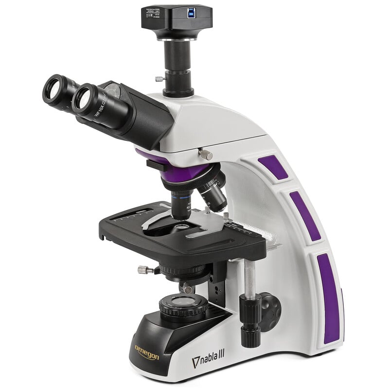 Omegon Nabla III Microscope Trino 2 Omegon Microscope Nabla III Trino 1 Omegon Nabla III Microscope oblique view with full view of structure and condenser